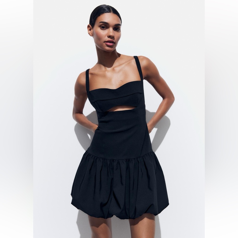ZARA BALLOON MINI DRESS BLACK LBD MEDIUM 2825/649 DROP WAIST